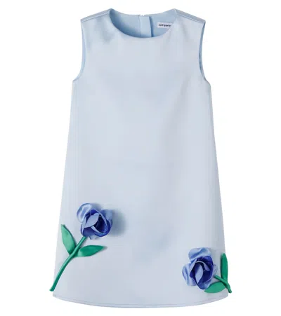 Self-portrait Floral-appliqué Satin Dress In Blue