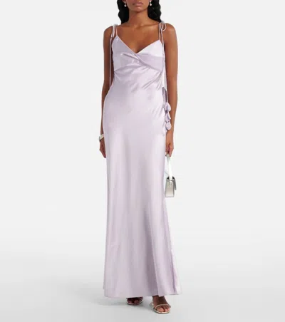 Self-portrait Floral-appliqué Satin Maxi Dress In Lilac In Multi