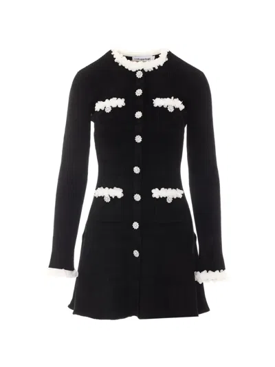 Self-portrait Button-front Dress With Contrast Floral Trim And Functional Pockets In Black