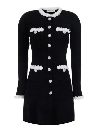 Self-portrait Floral-button Mini Dress With Long Sleeves And Pockets In Black