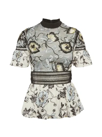 Pre-owned Self-portrait Floral-embroidered Ruffled Blouse In White