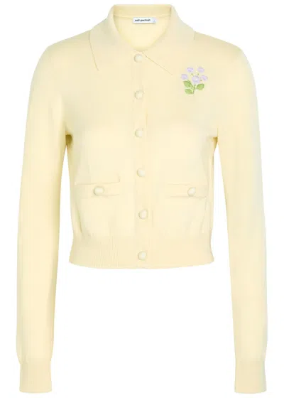 Self-portrait Floral-embroidered Wool Cardigan In Yellow