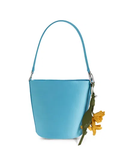 Self-portrait Floral-keychain Satin Bucket Bag In Blue