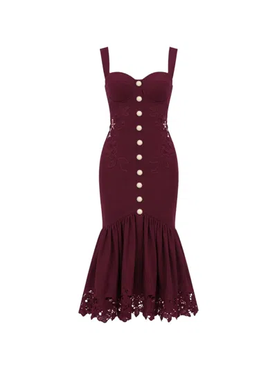 Self-portrait Floral-lace Ruffled Midi Dress In Burgundy