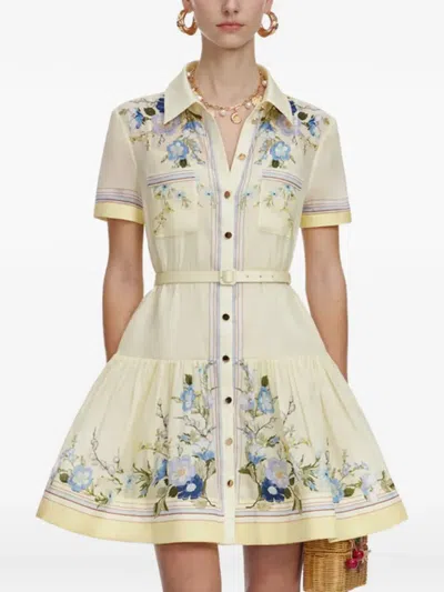 Self-portrait Organza Mini Dress Short Sleeves Belted In Yellow