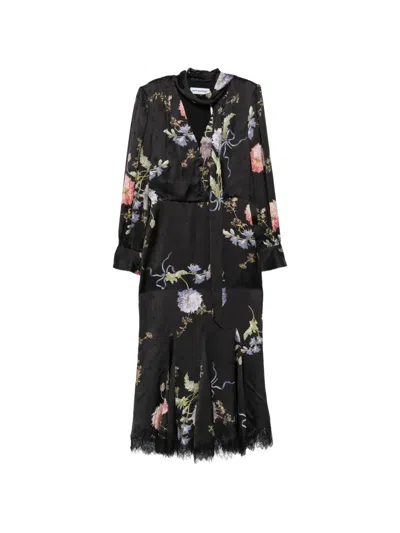 Self-portrait Floral-print Lace-trim Midi Dress In Black