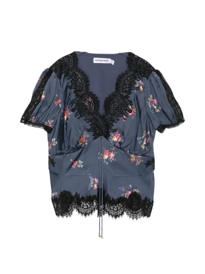 Self-portrait Floral-print Lace-trim Top In Blue