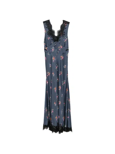 Self-portrait Floral-print Lace-trimmed Midi Dress In Blue