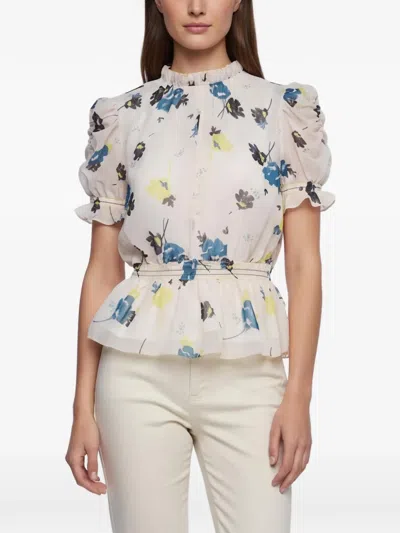 Pre-owned Self-portrait Floral-print Peplum Blouse In White
