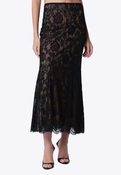 Self-portrait Flounce Lace Midi Skirt In Black