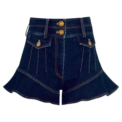 Pre-owned Self-portrait Flounced Denim Shorts In Black