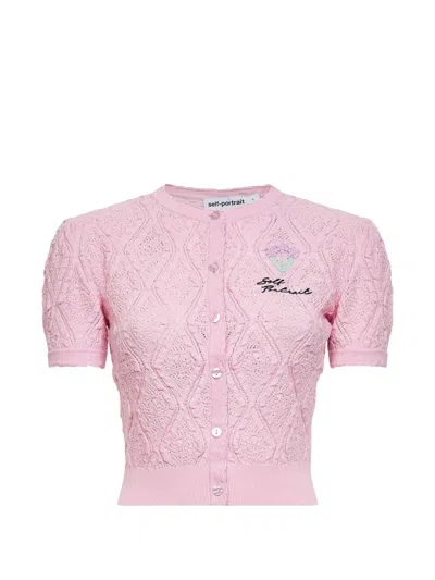 Self-portrait Textured Knit Cardigan Round Neck Short Sleeves In Pink