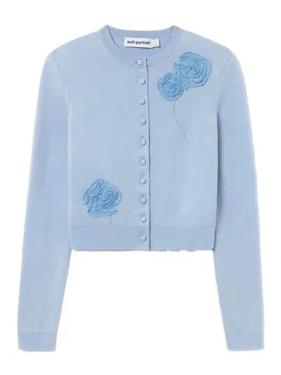 Self-portrait Flower Knit Cardigan In Blue