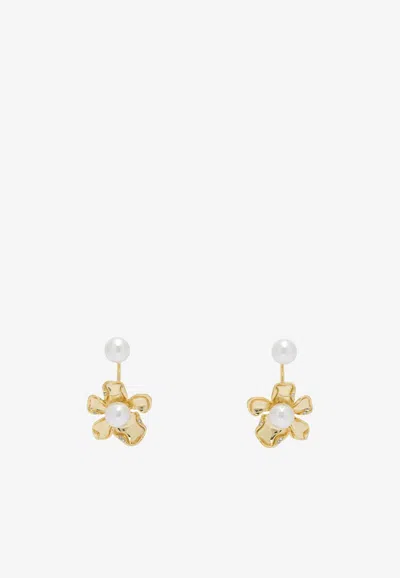 Self-portrait Flower Pearl Drop Earrings In Gold