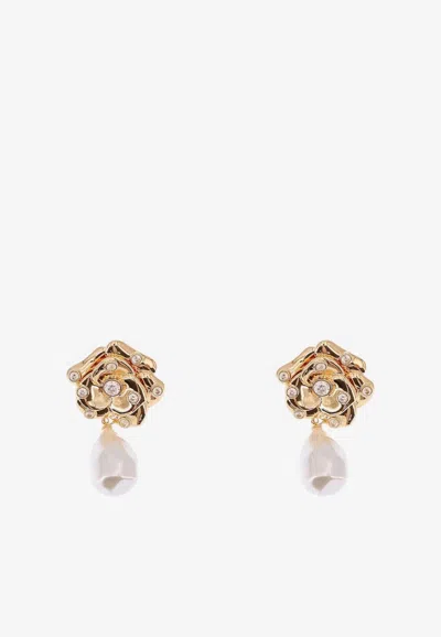 Self-portrait Flower Pearl Earring With Rhinestones In Gold