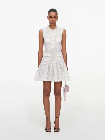 Self-portrait Flower Trim Knit Mini Dress In White