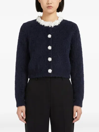 Self-portrait Flower-button Pearl-trim Cardigan In Blue