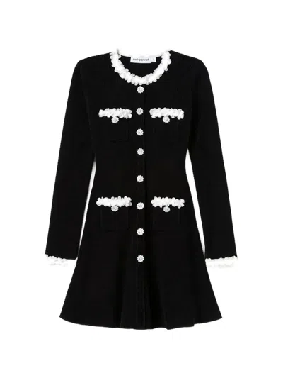 Self-portrait Flower-trim Chenille-knit Mini Dress In Black