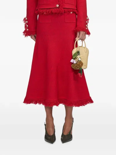 Self-portrait Frayed Midi Skirt In Red