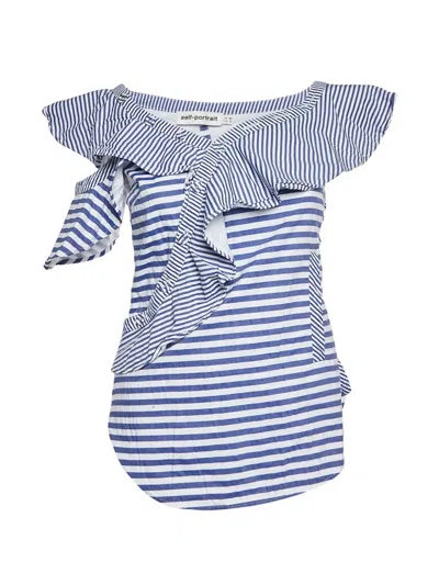 Pre-owned Self-portrait Frilled Striped Top In Blue