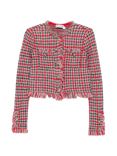 Self-portrait Checked Cropped Blazer Decorative Buttons Fringe In Multi