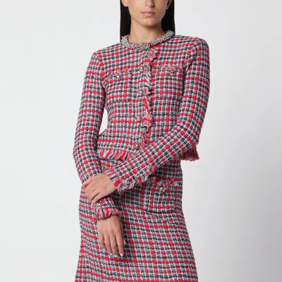 Self-portrait Fringed Checked Knit Mini Jacket In Red