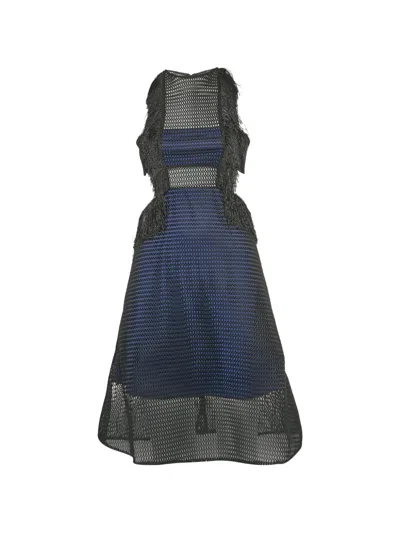 Pre-owned Self-portrait Fringed Mesh-panel Dress In Black
