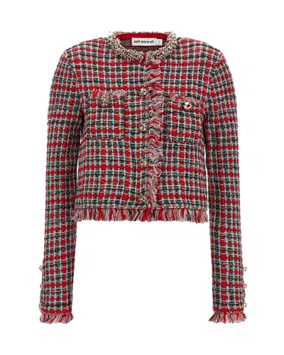 Self-portrait Fringed Tweed Cropped Jacket In Red
