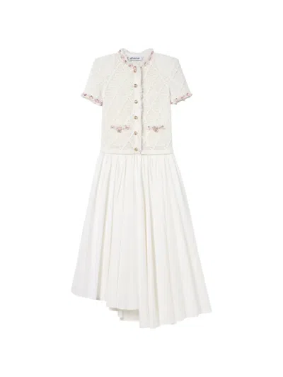 Self-portrait Fringe-trim Pointelle-knit Dress In White