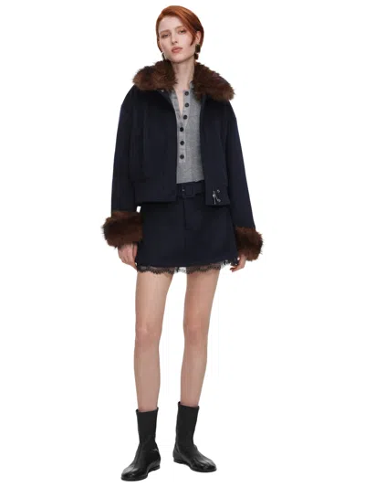 Self-portrait Fur Trim Jacket In Blue