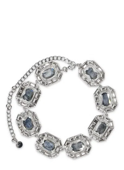 Self-portrait Geometric Silver Necklace With Rectangular Crystal Accents In Multi