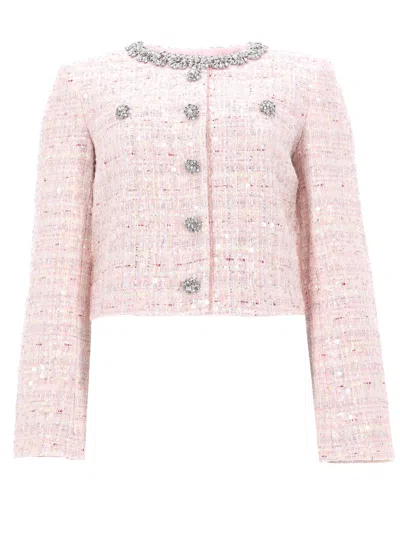 Self-portrait Cropped Boucle Jacket Sequin Neckline Detail In Pink