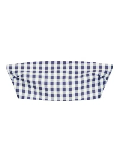 Self-portrait Strapless Bandeau Top Check Pattern Asymmetric In Blue