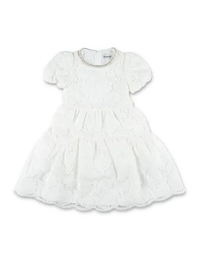 Self-portrait Girl's Floral Lace Tiered Puff Sleeve Dress With Embellished Round Neckline In Bianco