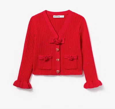 Self-portrait Kids' Girl's Ribbed Knit Cardigan In Red