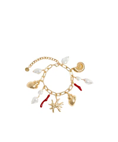 Self-portrait Gold Coral Pearl Charm Bracelet In Purple