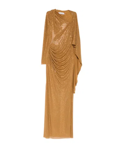 Self-portrait Rhinestoned Draped Maxi Dress In Brown