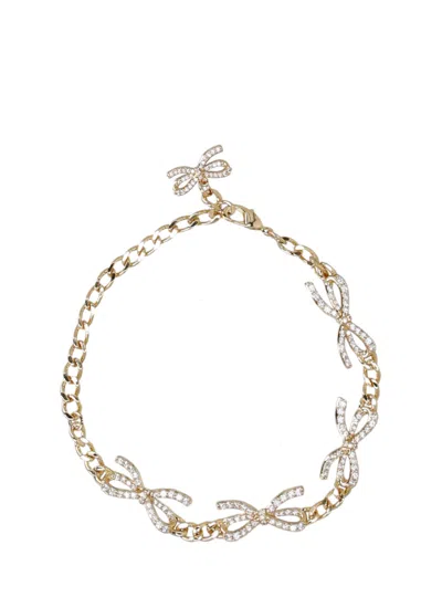 Self-portrait Gold-plated Brass Bracelet With Crystal Bow Motifs In Multi