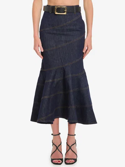 Self-portrait Indigo Denim Belted Midi Skirt In Blue