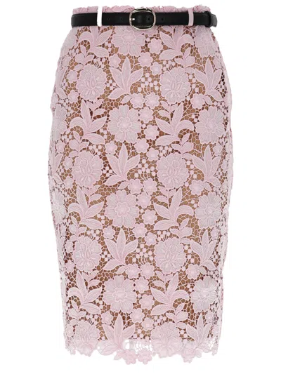 Self-portrait Lace Overlay Midi Skirt With Scalloped Hem In Pink