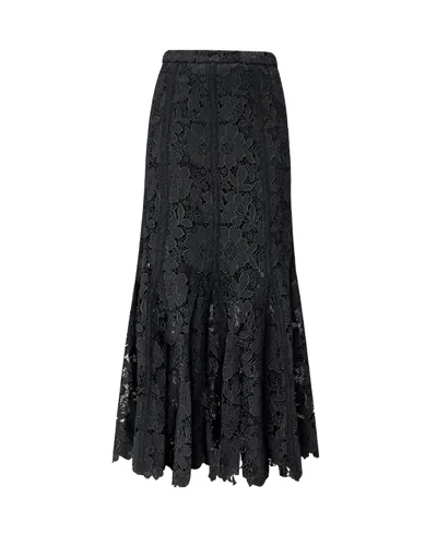 Self-portrait Lace Midi Skirt With Godet Silhouette And Fitted Waist In Black