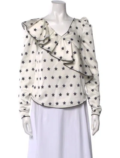 Pre-owned Self-portrait Graphic Print V-neck Blouse In Neutral