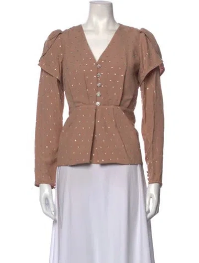 Pre-owned Self-portrait Graphic Print V-neck Blouse In Neutrals