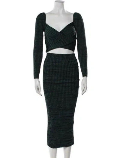 Pre-owned Self-portrait Green And Black Crossover Ribbed Knit Top Patterned Set W/ Tags