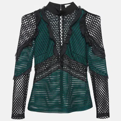 Self-portrait Green Mesh Ruffle Detail Top In Multi