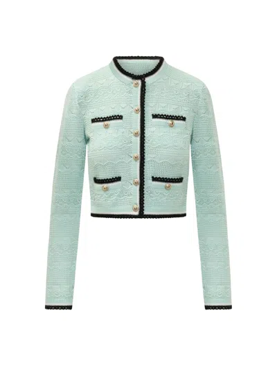 Self-portrait Green Openwork Cropped Knit Cardigan In Blue