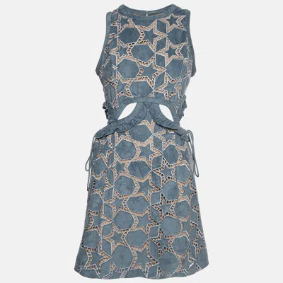 Pre-owned Self-portrait Grey Embroidered Suede Cutout Mini Dress M In Blue