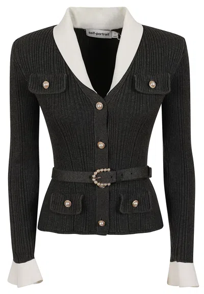 Self-portrait Grey Fitted Ribbed Wool Pearl-embellished Cardigan In Black