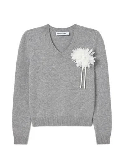 Self-portrait Grey Flower Wool Jumper In Gray
