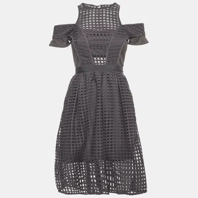 Pre-owned Self-portrait Grey Grid Lace And Knit Knee Length Dress S In Gray